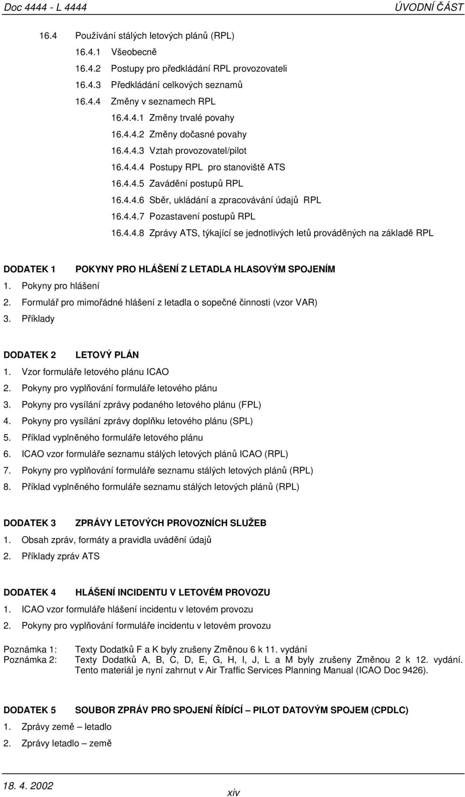 4.4.7 Pozastavení postupů RPL 16.4.4.8 Zprávy ATS, týkající se jednotlivých letů prováděných na základě RPL DODATEK 1 POKYNY PRO HLÁŠENÍ Z LETADLA HLASOVÝM SPOJENÍM 1. Pokyny pro hlášení 2.