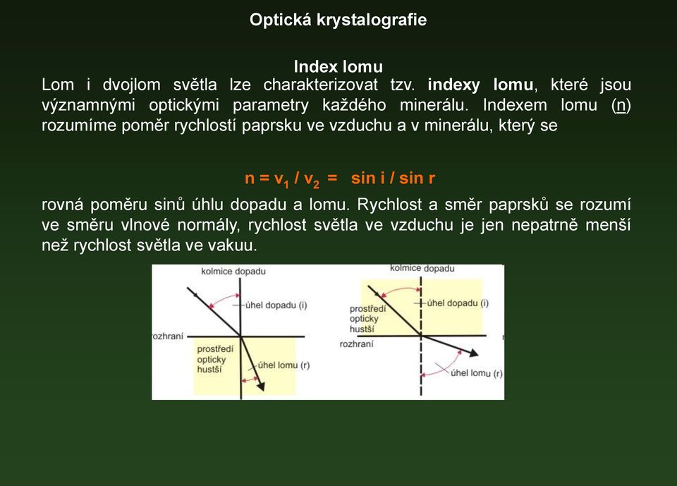 Indexem lomu (n) rozumíme poměr rychlostí paprsku ve vzduchu a v minerálu, který se n = v 1 / v 2 = sin i /