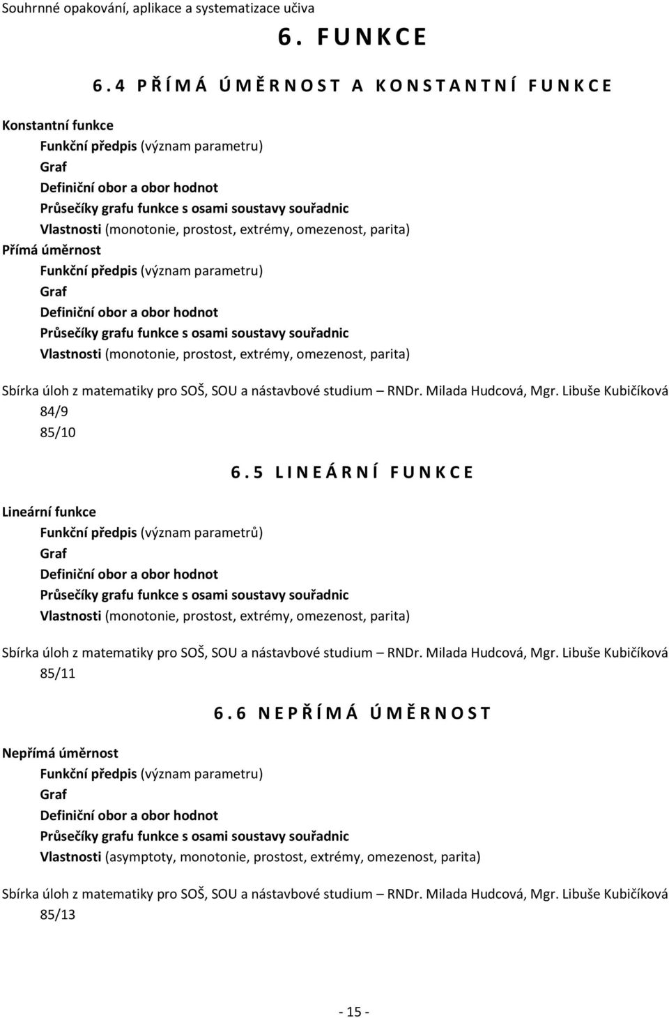 Vlastnosti (monotonie, prostost, extrémy, omezenost, parita) Přímá úměrnost Funkční předpis (význam parametru) Graf Definiční obor a obor hodnot Průsečíky grafu funkce s osami soustavy souřadnic