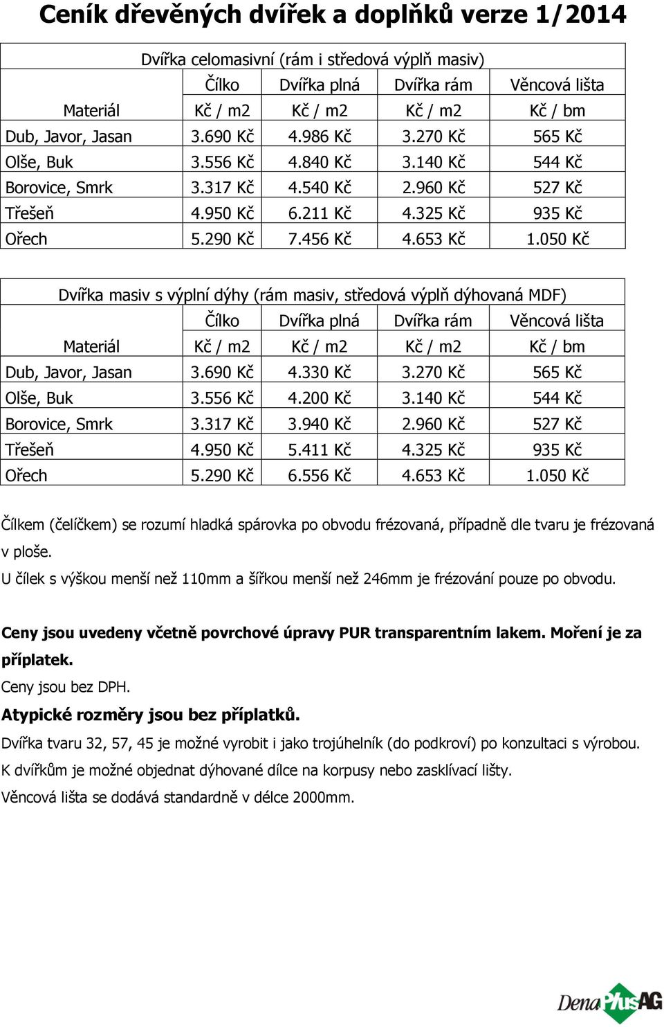 653 Kč 1.050 Kč Dvířka masiv s výplní dýhy (rám masiv, středová výplň dýhovaná MDF) Čílko Dvířka plná Dvířka rám Věncová lišta Materiál Kč / m2 Kč / m2 Kč / m2 Kč / bm Dub, Javor, Jasan 3.690 Kč 4.