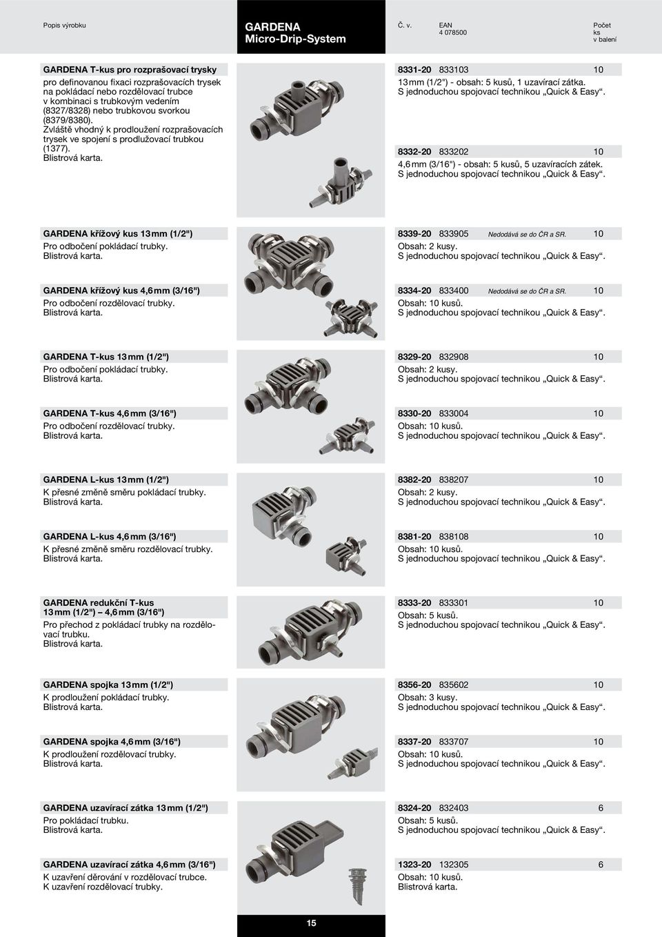 8332-20 833202 10 4,6 mm (3/16") - obsah: 5 kusů, 5 uzavíracích zátek. křížový kus 13 mm (1/2") Pro odbočení pokládací trubky. 8339-20 833905 Nedodává se do ČR a SR. 10 Obsah: 2 kusy.