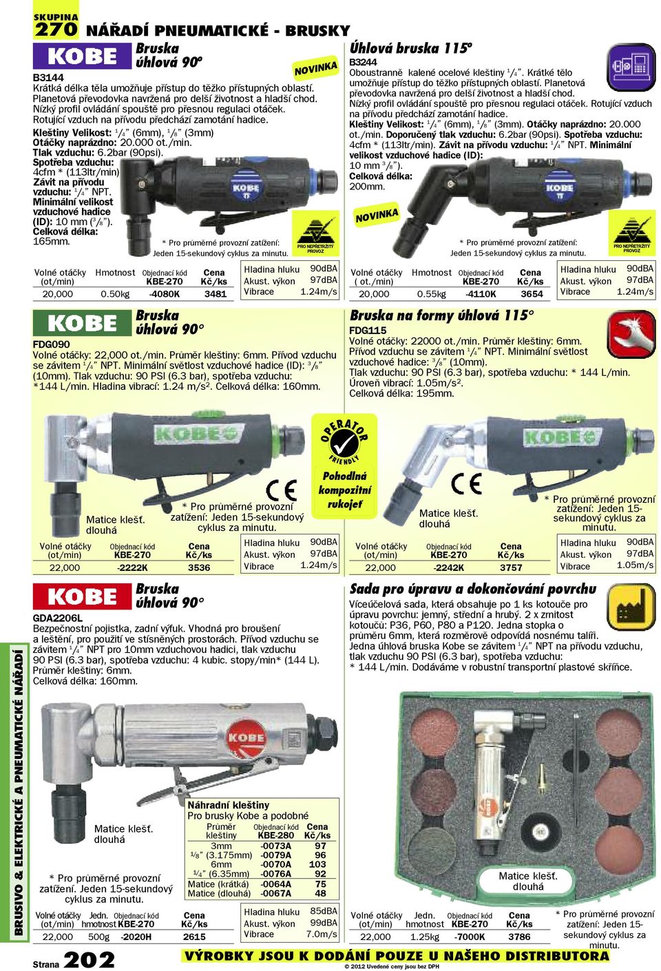 Tlak vzduchu: 6.2bar (90psi). Spotřeba vzduchu: 4cfm * (113ltr/min). Závit na přívodu vzduchu: 1 /4 NPT. Minimální velikost vzduchové hadice (ID): 10 mm ( 3 /8 ). Celková délka: 165mm.