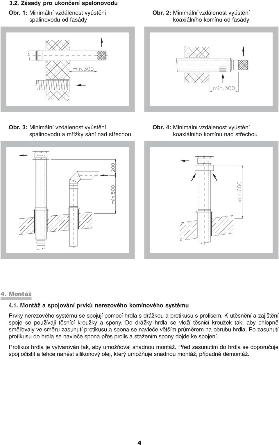 Montáž a spojování prvků nerezového komínového systému Prvky nerezového systému se spojují pomocí hrdla s drážkou a protikusu s prolisem.