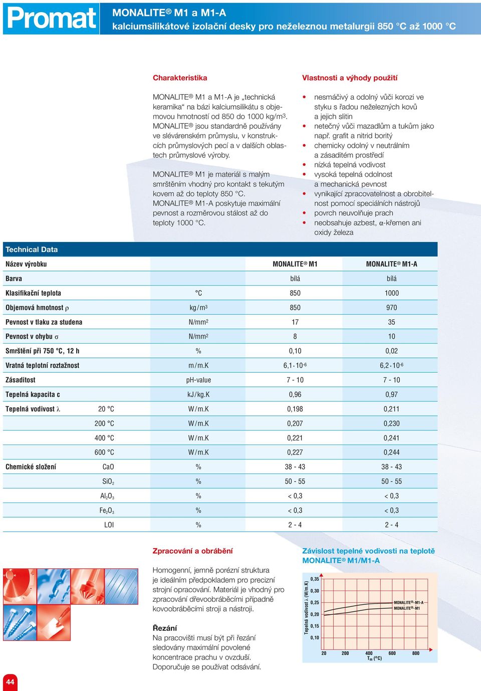 MONALITE M1 je materiál s malým smrštěním vhodný pro kontakt s tekutým kovem až do teploty 850 C. MONALITE M1-A poskytuje maximální pevnost a rozměrovou stálost až do teploty 1000 C.