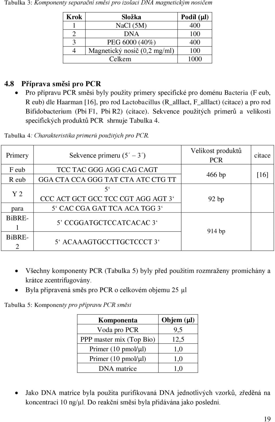 Bifidobacterium (Pbi F1, Pbi R2) (citace). Sekvence použitých primerů a velikosti specifických produktů PCR shrnuje Tabulka 4. Tabulka 4: Charakteristika primerů použitých pro PCR.