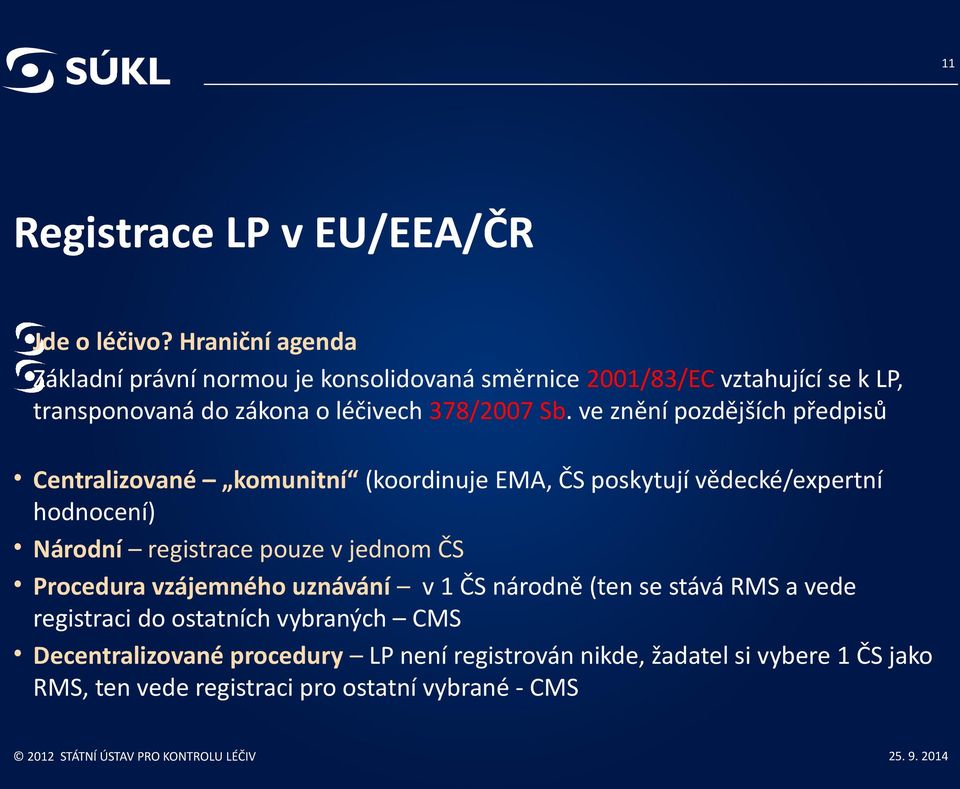 ve znění pozdějších předpisů Centralizované komunitní (koordinuje EMA, ČS poskytují vědecké/expertní hodnocení) Národní registrace pouze v