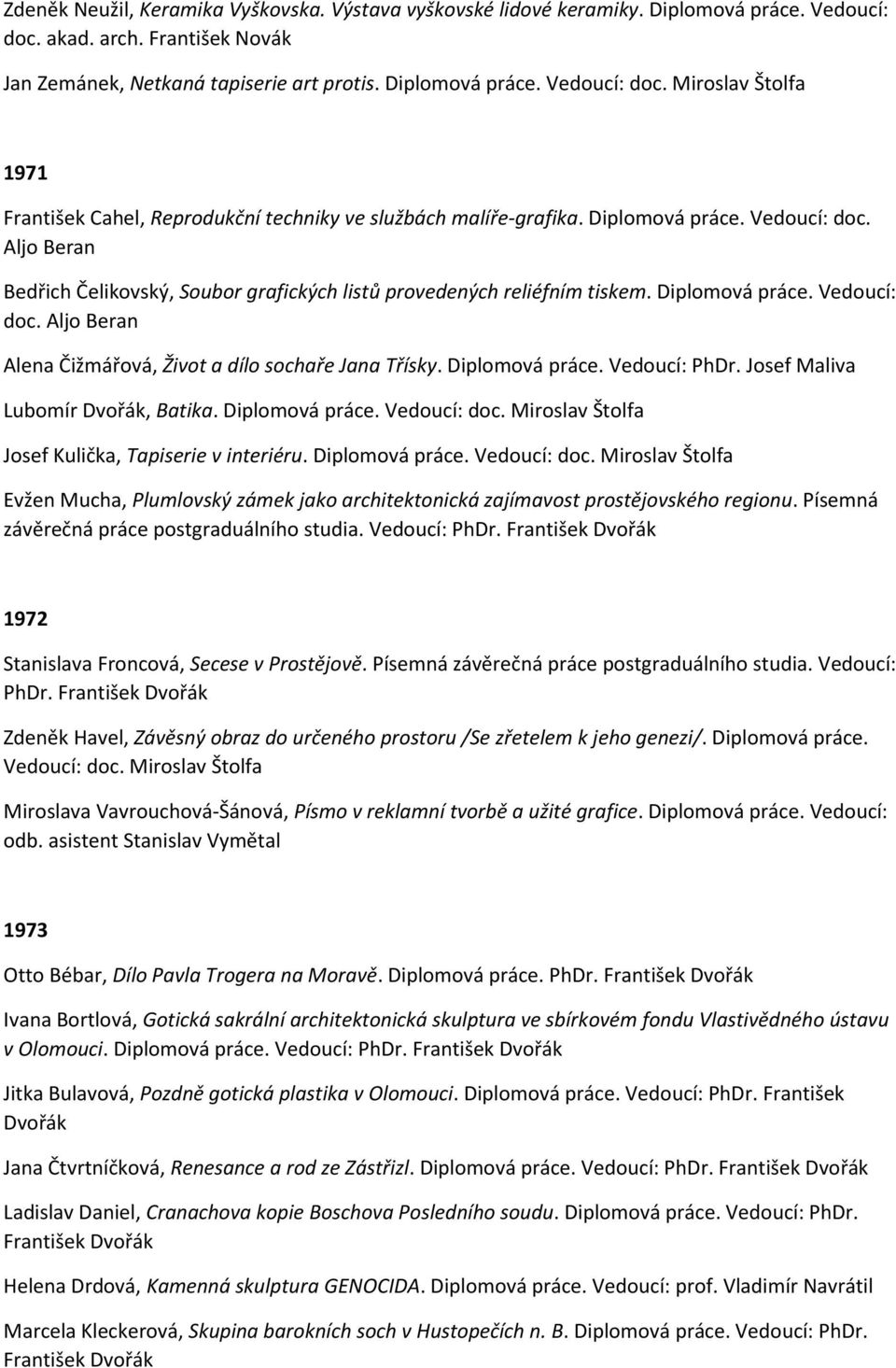 Diplomová práce. Vedoucí: PhDr. Josef Maliva Lubomír Dvořák, Batika. Diplomová práce. Vedoucí: doc.