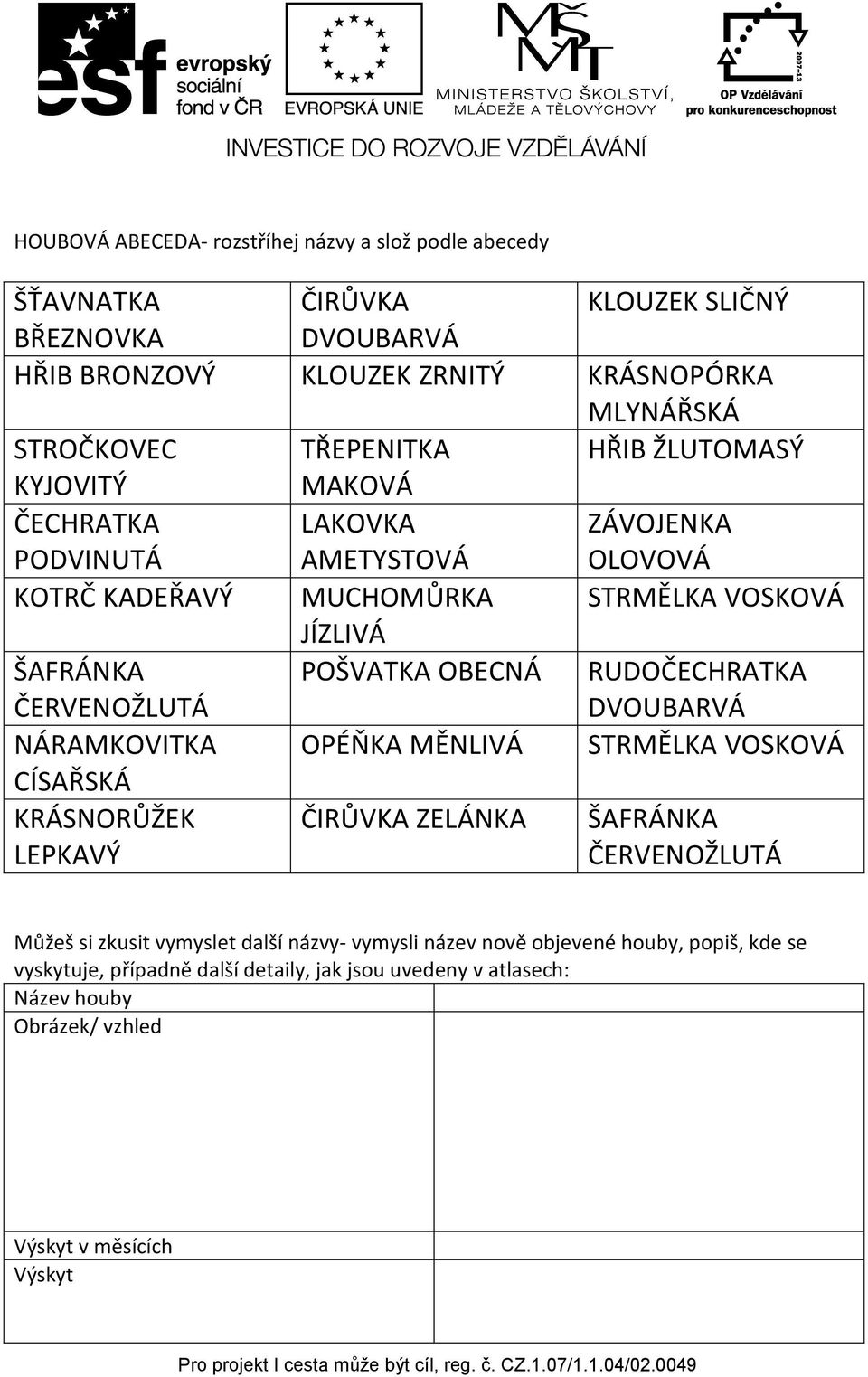 POŠVATKA OBECNÁ RUDOČECHRATKA DVOUBARVÁ NÁRAMKOVITKA OPÉŇKA MĚNLIVÁ STRMĚLKA VOSKOVÁ CÍSAŘSKÁ KRÁSNORŮŽEK LEPKAVÝ ČIRŮVKA ZELÁNKA ŠAFRÁNKA ČERVENOŽLUTÁ Můžeš si zkusit