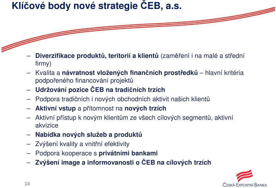 Diverzifikace produktů, teritorií a klientů (zaměření i na malé a střední firmy) Kvalita a návratnost vložených finančních prostředků hlavní kritéria