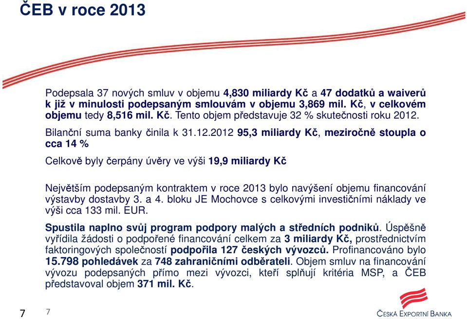 2012 95,3 miliardy Kč, meziročně stoupla o cca 14 % Celkově byly čerpány úvěry ve výši 19,9 miliardy Kč Největším podepsaným kontraktem v roce 2013 bylo navýšení objemu financování výstavby dostavby