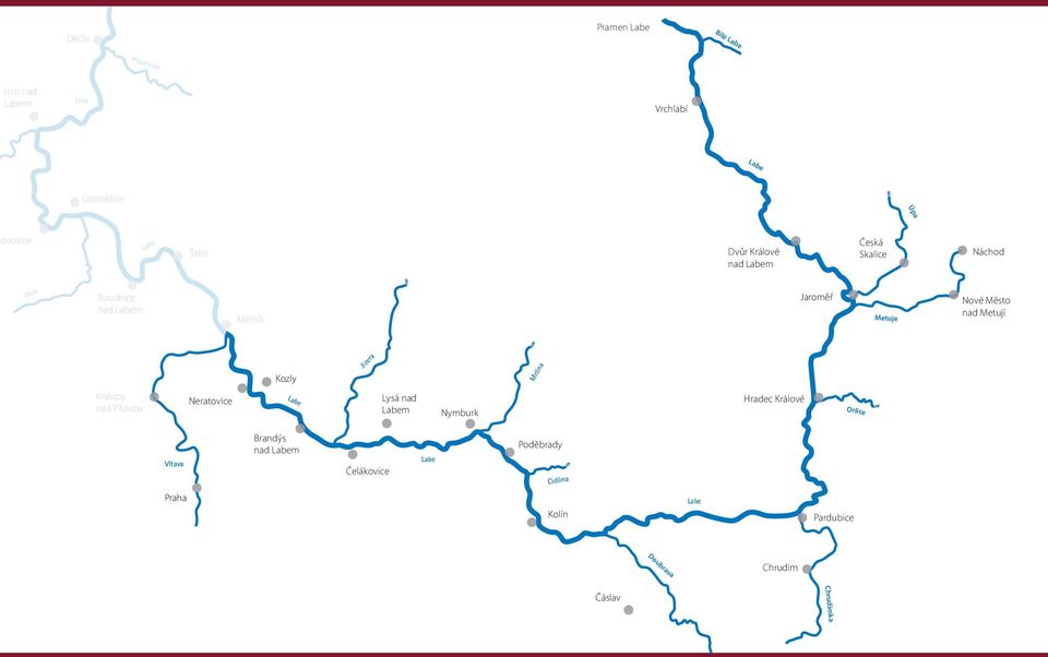 Roudnice nad m Kozly Jizera Mrlina Kralupy nad Vltavou Neratovice Štětí Lysá nad m Nymburk Hradec Králové Orlice Kladno Kladno