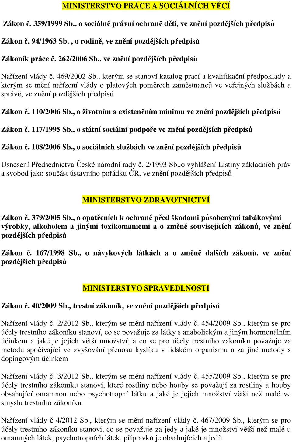 , o životním a existenčním minimu ve znění Zákon č. 117/1995 Sb., o státní sociální podpoře ve znění Zákon č. 108/2006 Sb., o sociálních službách ve znění Usnesení Předsednictva České národní rady č.