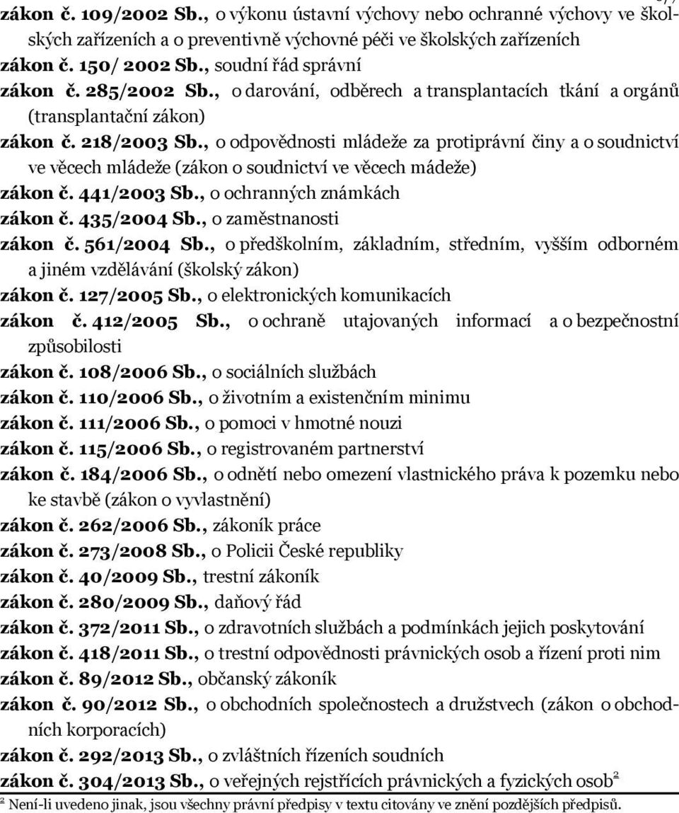 , o odpovědnosti mládeže za protiprávní činy a o soudnictví ve věcech mládeže (zákon o soudnictví ve věcech mádeže) zákon č. 441/2003 Sb., o ochranných známkách zákon č. 435/2004 Sb.