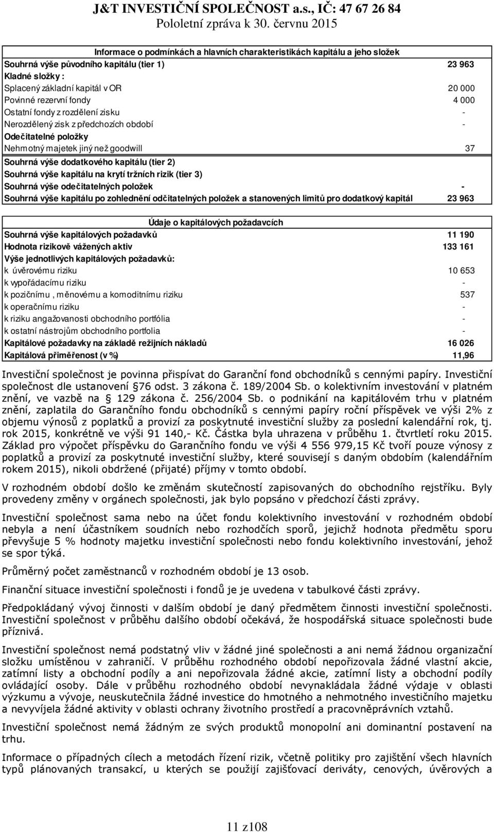 kapitálu na krytí tržních rizik (tier 3) Souhrná výše odečitatelných položek - Souhrná výše kapitálu po zohlednění odčitatelných položek a stanovených limitů pro dodatkový kapitál 23 963 Údaje o