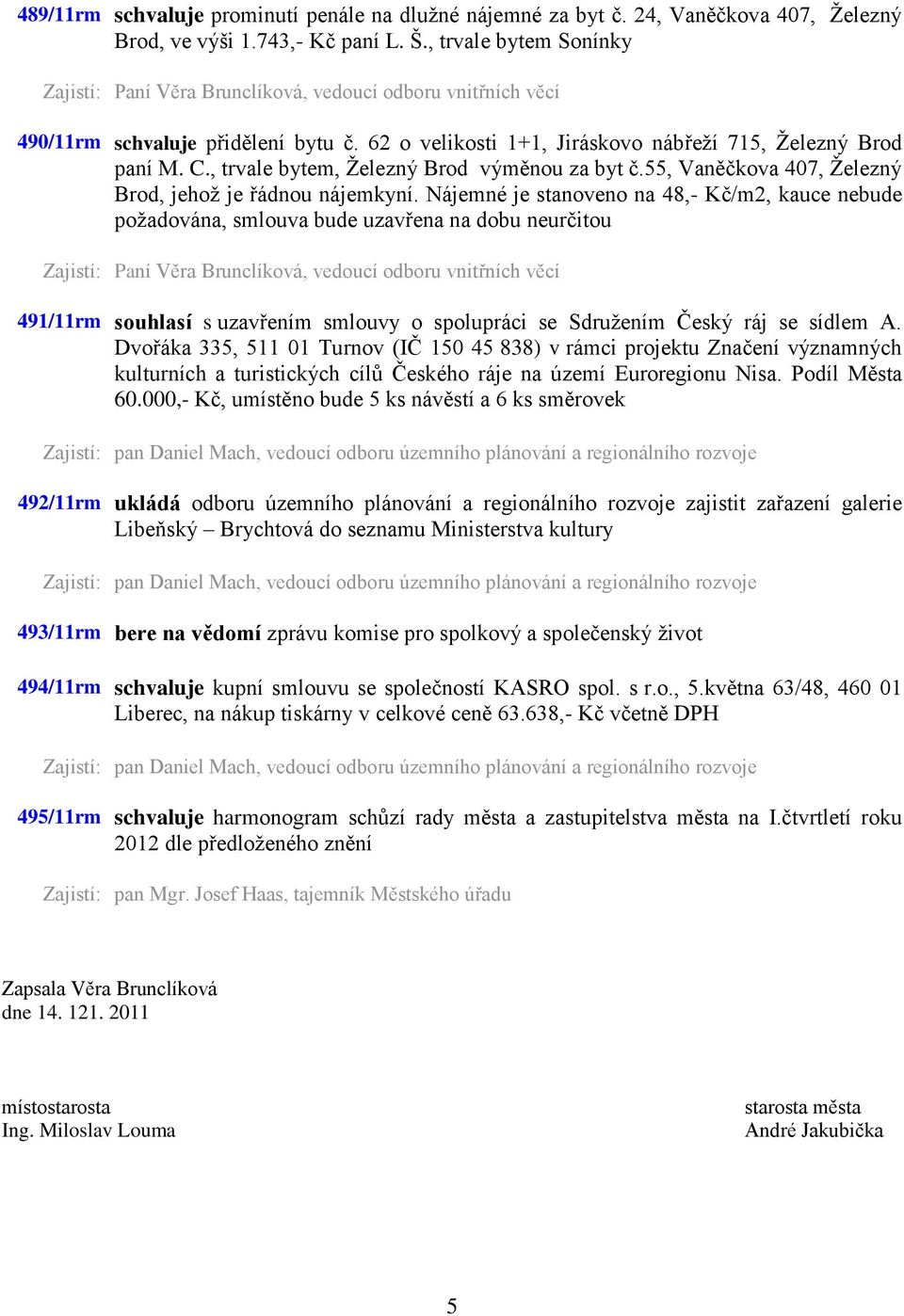 Nájemné je stanoveno na 48,- Kč/m2, kauce nebude požadována, smlouva bude uzavřena na dobu neurčitou 491/11rm souhlasí s uzavřením smlouvy o spolupráci se Sdružením Český ráj se sídlem A.