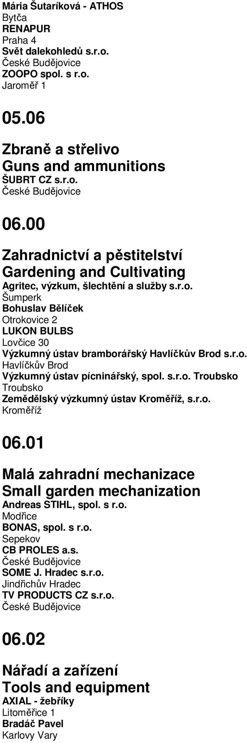 Šumperk Bohuslav Bělíček Otrokovice 2 LUKON BULBS Lovčice 30 Výzkumný ústav bramborářský Havlíčkův Brod s.r.o. Havlíčkův Brod Výzkumný ústav pícninářský, spol. s.r.o. Troubsko Troubsko Zemědělský výzkumný ústav Kroměříž, s.