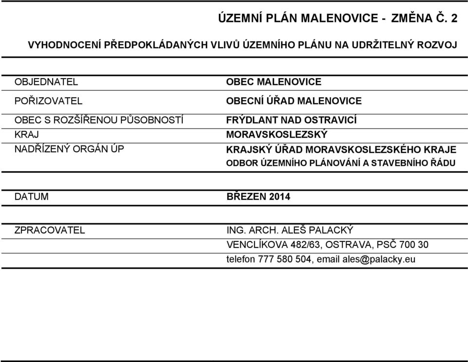 PŮSOBNOSTÍ KRAJ NADŘÍZENÝ ORGÁN ÚP OBEC MALENOVICE OBECNÍ ÚŘAD MALENOVICE FRÝDLANT NAD OSTRAVICÍ MORAVSKOSLEZSKÝ