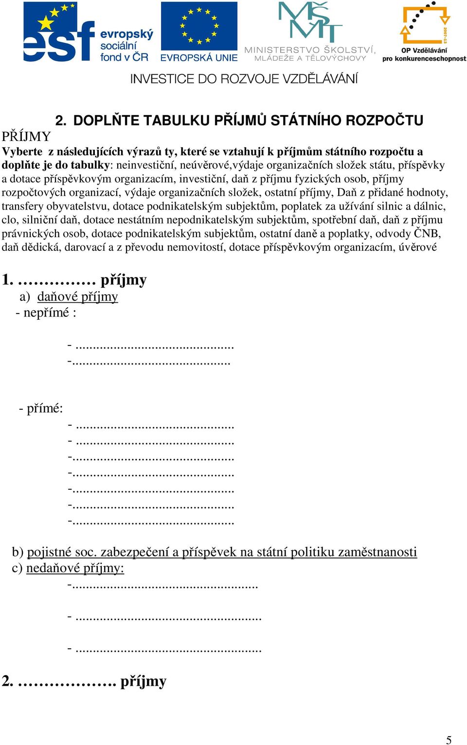 přidané hodnoty, transfery obyvatelstvu, dotace podnikatelským subjektům, poplatek za užívání silnic a dálnic, clo, silniční daň, dotace nestátním nepodnikatelským subjektům, spotřební daň, daň z