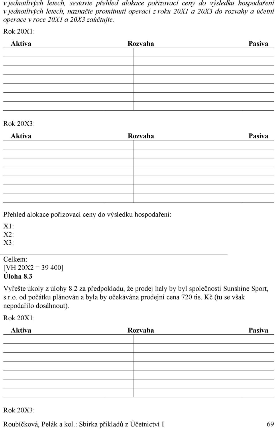 Rok 20X1: Aktiva Rozvaha Pasiva Rok 20X3: Aktiva Rozvaha Pasiva Přehled alokace pořizovací ceny do výsledku hospodaření: X1: X2: X3: Celkem: [VH 20X2 = 39 400] Úloha 8.