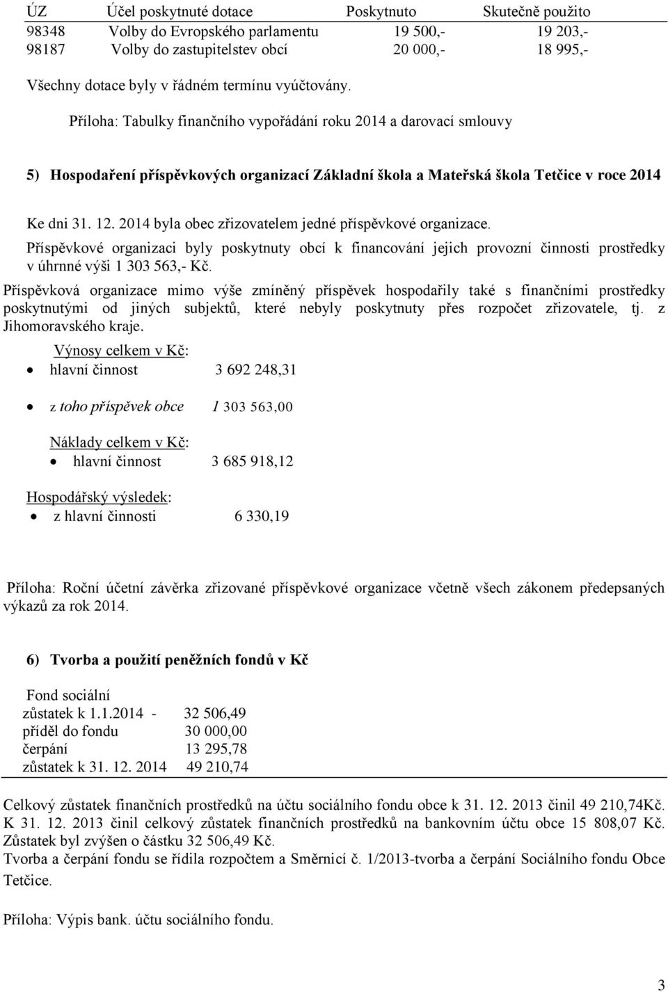 2014 byla obec zřizovatelem jedné příspěvkové organizace. Příspěvkové organizaci byly poskytnuty obcí k financování jejich provozní činnosti prostředky v úhrnné výši 1 303 563,- Kč.