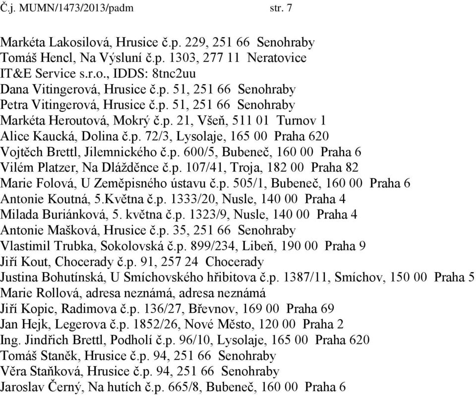 p. 600/5, Bubeneč, 160 00 Praha 6 Vilém Platzer, Na Dlážděnce č.p. 107/41, Troja, 182 00 Praha 82 Marie Folová, U Zeměpisného ústavu č.p. 505/1, Bubeneč, 160 00 Praha 6 Antonie Koutná, 5.Května č.p. 1333/20, Nusle, 140 00 Praha 4 Milada Buriánková, 5.