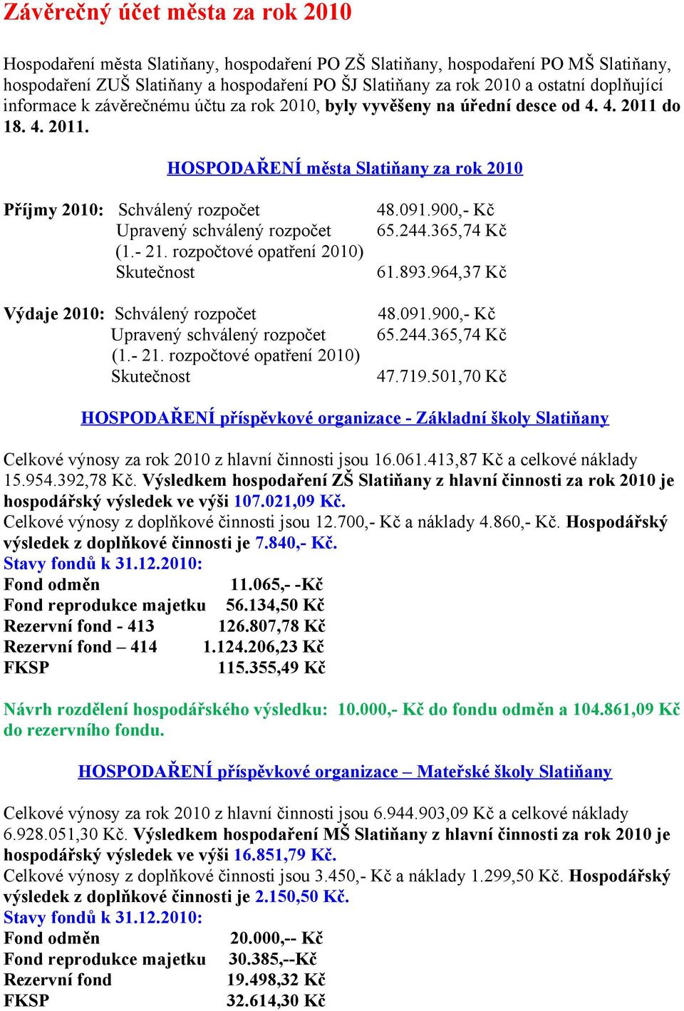 900,- Kč Upravený schválený rozpočet 65.244.365,74 Kč (1.- 21. rozpočtové opatření 2010) Skutečnost 61.893.964,37 Kč Výdaje 2010: Schválený rozpočet 48.091.900,- Kč Upravený schválený rozpočet 65.244.365,74 Kč (1.- 21. rozpočtové opatření 2010) Skutečnost 47.