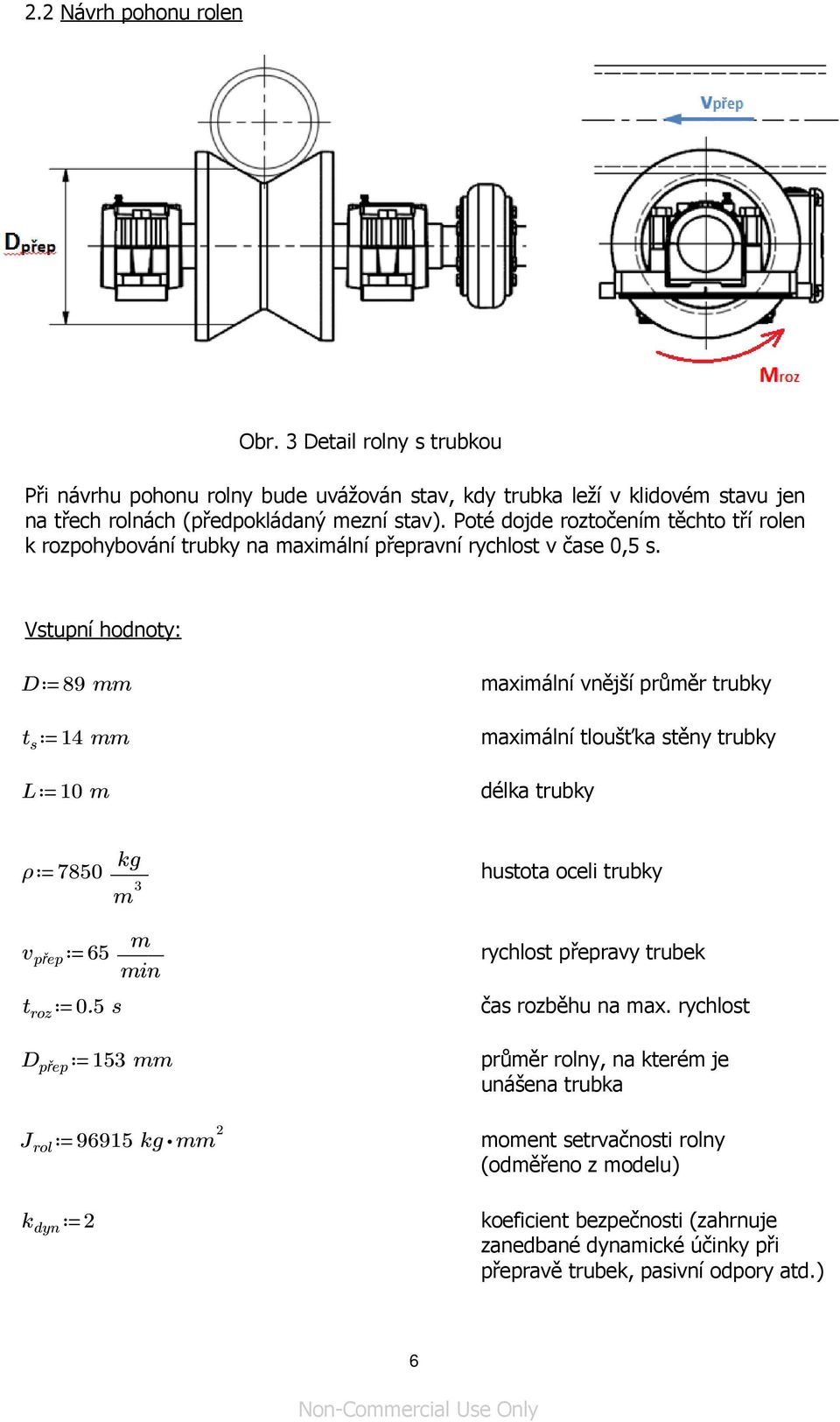 Vstupní hodnoty: D 89 mm maximální vnější průměr trubky t s 14 mm maximální tloušťka stěny trubky L 10 m délka trubky ρ 7850 kg m 3 hustota oceli trubky v přep 65 m min rychlost přepravy