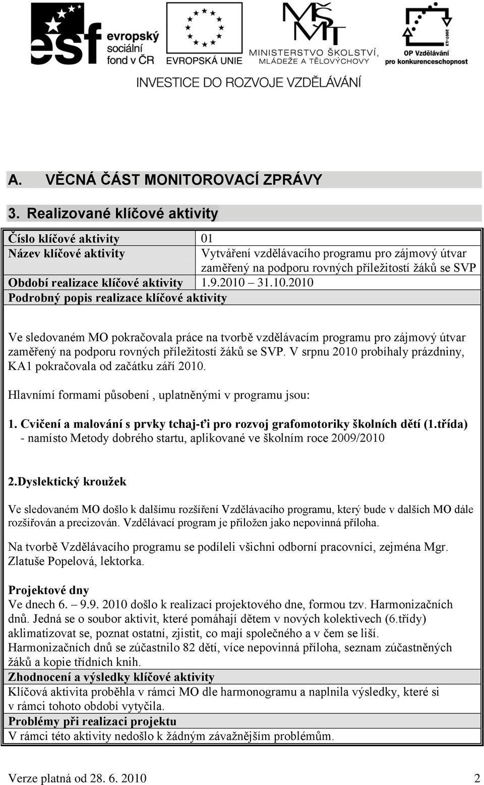 2010 Podrobný popis realizace klíčové aktivity Vytváření vzdělávacího programu pro zájmový útvar zaměřený na podporu rovných příleţitostí ţáků se SVP Ve sledovaném MO pokračovala práce na tvorbě