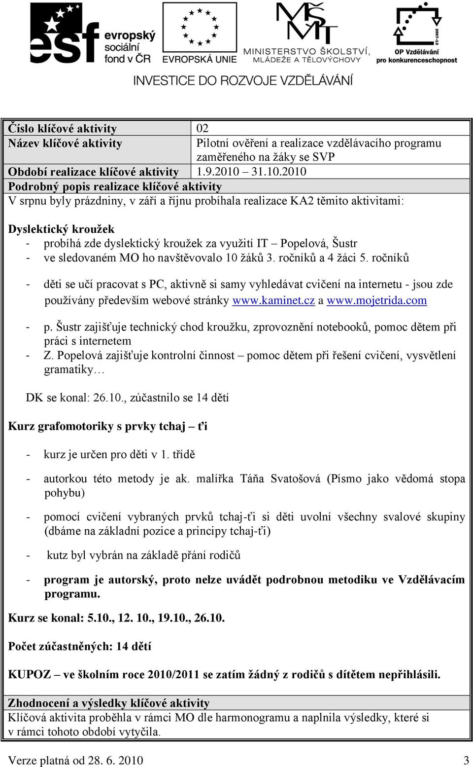 2010 Podrobný popis realizace klíčové aktivity V srpnu byly prázdniny, v září a říjnu probíhala realizace KA2 těmito aktivitami: Dyslektický kroužek - probíhá zde dyslektický krouţek za vyuţití IT