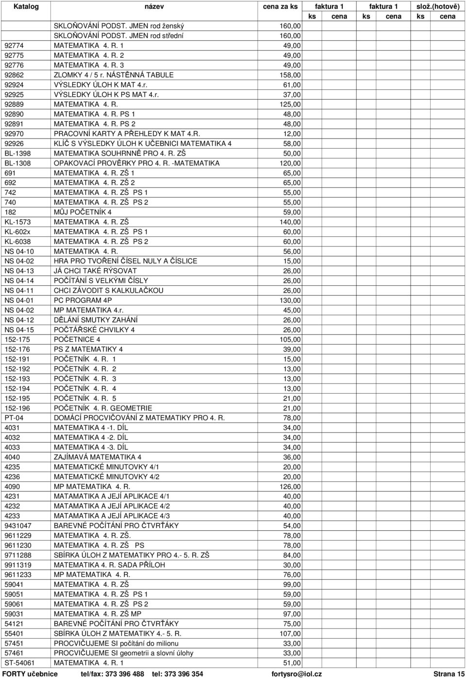 R. 12,00 92926 KLÍČ S VÝSLEDKY ÚLOH K UČEBNICI MATEMATIKA 4 58,00 BL-1398 MATEMATIKA SOUHRNNĚ PRO 4. R. ZŠ BL-1308 OPAKOVACÍ PROVĚRKY PRO 4. R. -MATEMATIKA 691 MATEMATIKA 4. R. ZŠ 1 692 MATEMATIKA 4.