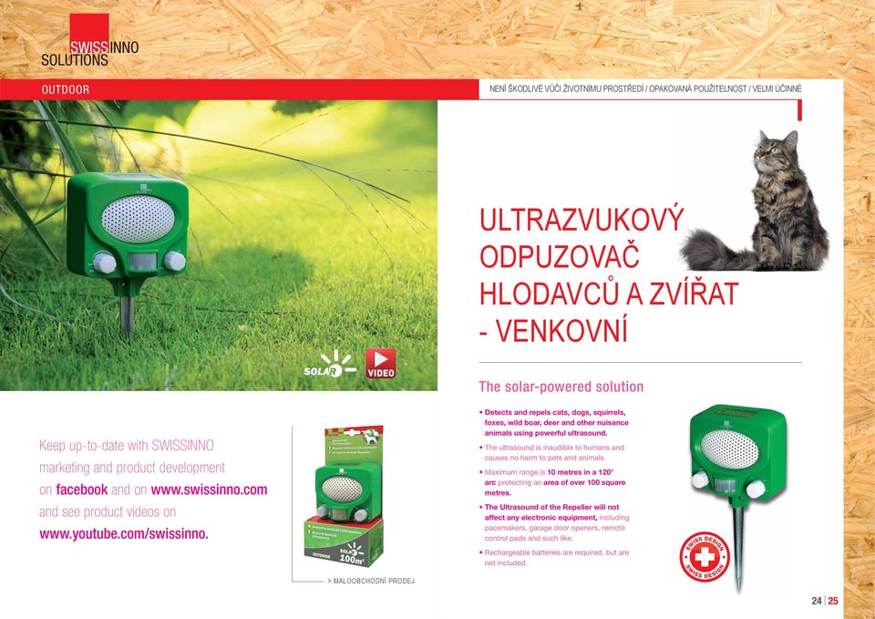 Detects and repels cats, dogs, squirrels, foxes, wild boar, deer and other nuisance animals using powerful ultrasound. The ultrasound is inaudible to humans and causes no harm to pets and animals.