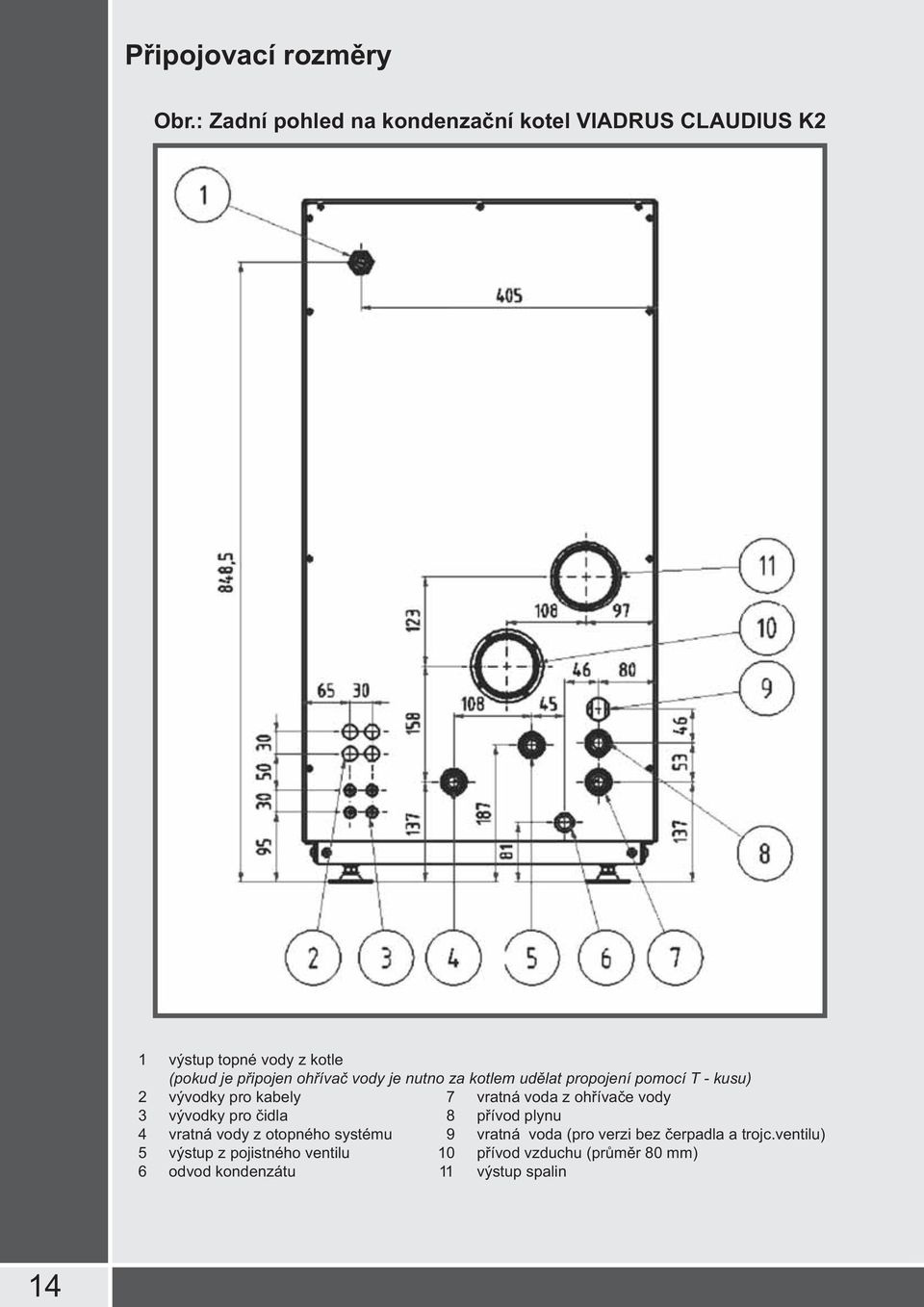je nutno za kotlem udělat propojení pomocí T - kusu) 2 vývodky pro kabely 7 vratná voda z ohřívače vody 3 vývodky