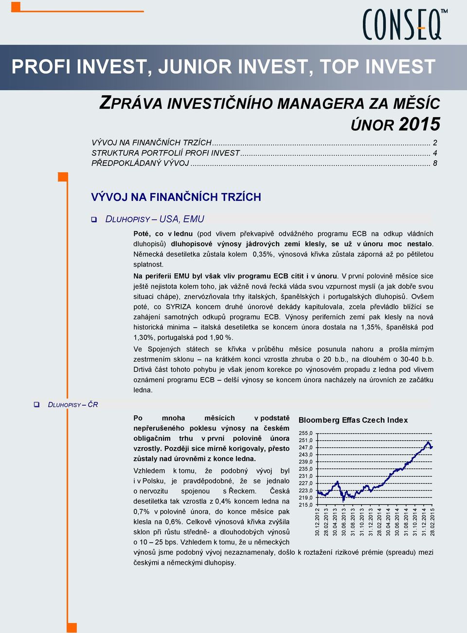 .. 8 VÝVOJ NA FINANČNÍCH TRZÍCH DLUHOPISY USA, EMU Poté, co v lednu (pod vlivem překvapivě odvážného programu ECB na odkup vládních dluhopisů) dluhopisové výnosy jádrových zemí klesly, se už v únoru