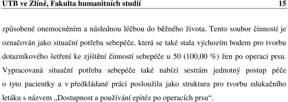 šetření ke zjištění činností sebepéče u 50 (100,00 %) žen po operaci prsu.