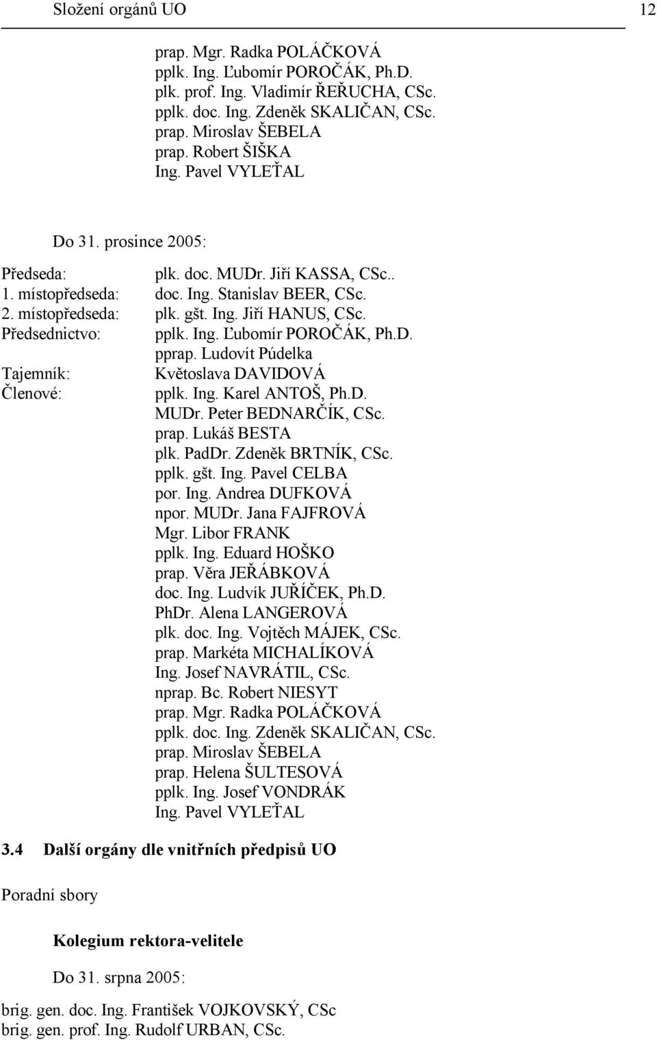 Předsednictvo: pplk. Ing. Ľubomír POROČÁK, Ph.D. pprap. Ludovít Púdelka Tajemník: Květoslava DAVIDOVÁ Členové: pplk. Ing. Karel ANTOŠ, Ph.D. MUDr. Peter BEDNARČÍK, CSc. prap. Lukáš BESTA plk. PadDr.