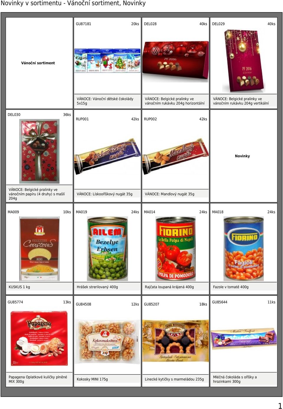 mašlí 204g VÁNOCE: Lískooříškový nugát 35g VÁNOCE: Mandlový nugát 35g MA009 MA019 MA014 KUSKUS 1 kg GU85774 Hrášek strerilovaný 400g 13ks Papagena Oplatkové kuličky plněné MIX