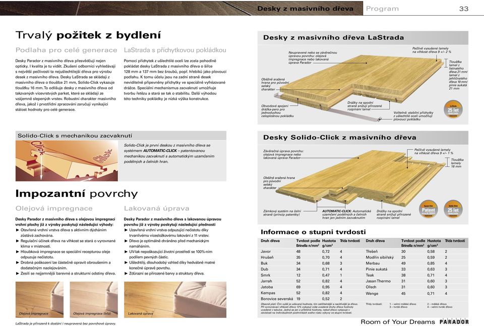 Desky LaStrada se skládají z masivního dřeva o tloušťce 21 mm, Solido-Click vykazuje tloušťku 16 mm.