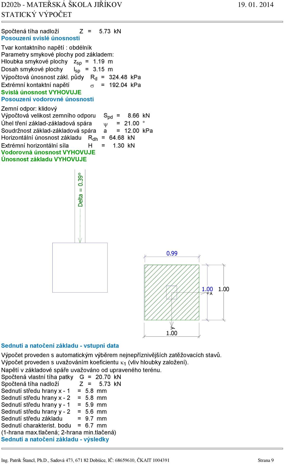 04 kpa Svislá únosnost VYHOVUJE Posouzení vodorovné únosnosti Zemní odpor: klidový Výpočtová velikost zemního odporu S pd = 8.66 kn Úhel tření základ-základová spára = 21.