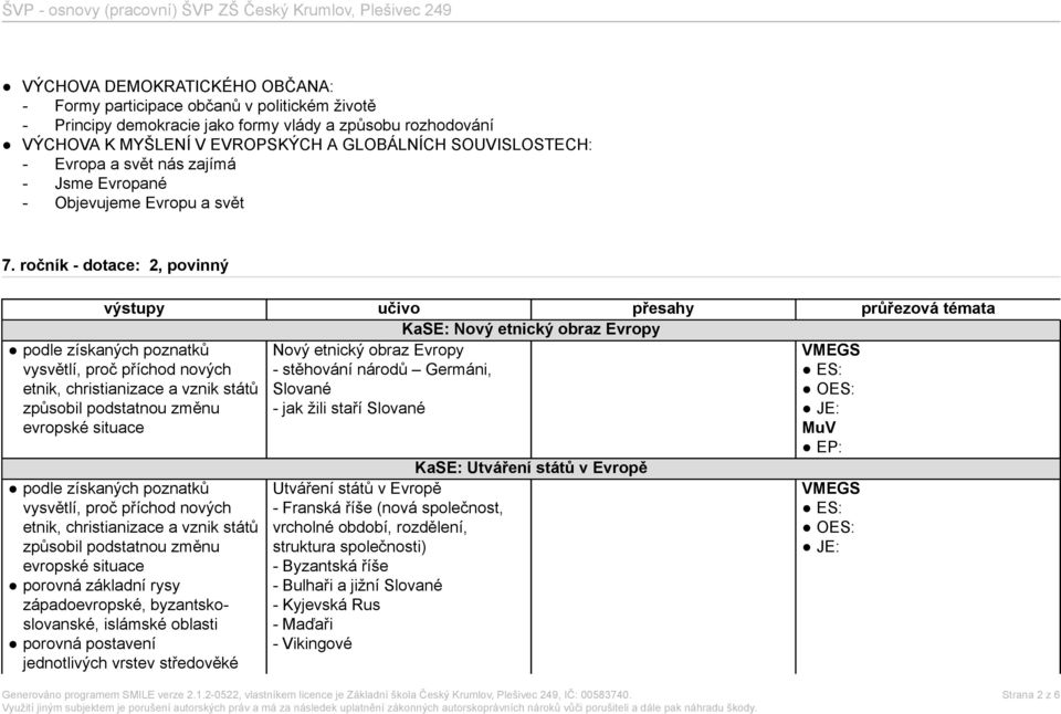 ročník - dotace: 2, povinný KaSE: Nový etnický obraz Evropy Nový etnický obraz Evropy - stěhování národů Germáni, Slované - jak žili staří Slované podle získaných poznatků vysvětlí, proč příchod