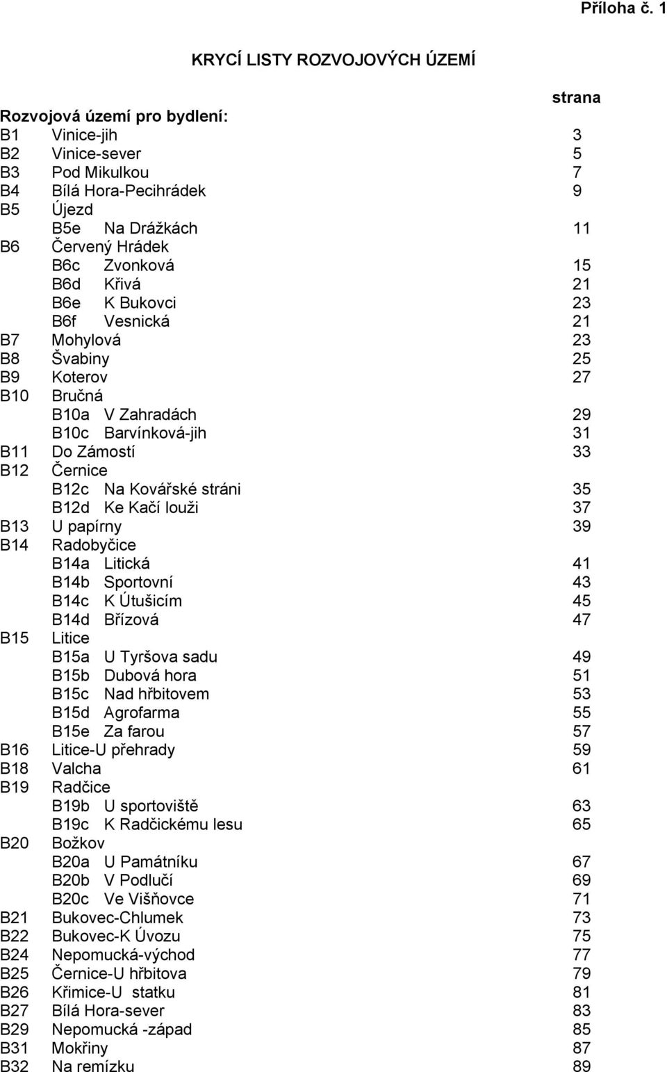 Zvonková 15 B6d Křivá 21 B6e K Bukovci 23 B6f Vesnická 21 B7 Mohylová 23 B8 Švabiny 25 B9 Koterov 27 B10 Bručná B10a V Zahradách 29 B10c Barvínková-jih 31 B11 Do Zámostí 33 B12 Černice B12c Na