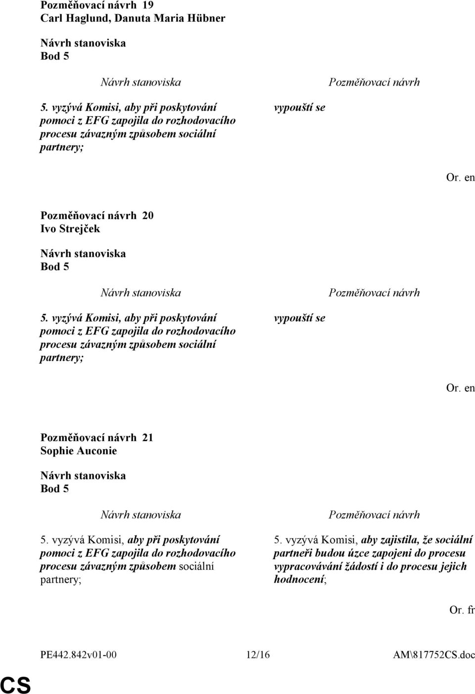 vyzývá Komisi, aby při poskytování pomoci z EFG zapojila do rozhodovacího procesu závazným způsobem sociální partnery; vypouští se 21 Sophie Auconie Bod 5 5.