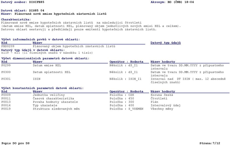 Výčet informačních prvků v datové oblasti: Kód Název Datový typ údajů PBD0209 Plánovaný objem hypotečních zástavních listů Datový typ údajů v datové oblasti: n11t - n11 (11 číselných znaků v násobku