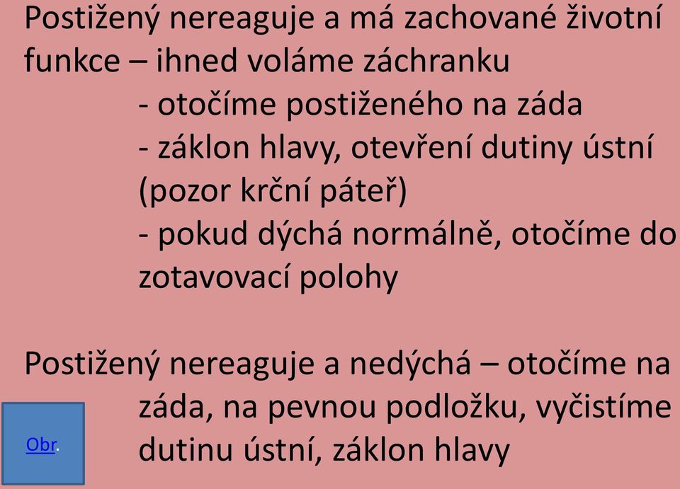 páteř) - pokud dýchá normálně, otočíme do zotavovací polohy Postižený nereaguje