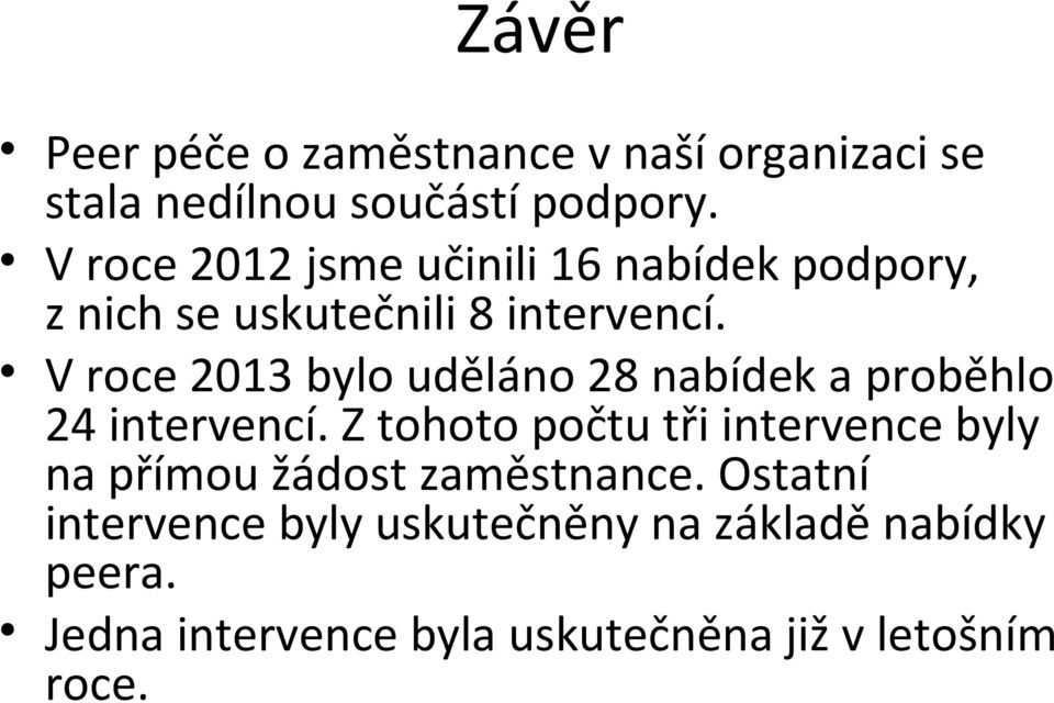 V roce 2013 bylo uděláno 28 nabídek a proběhlo 24 intervencí.