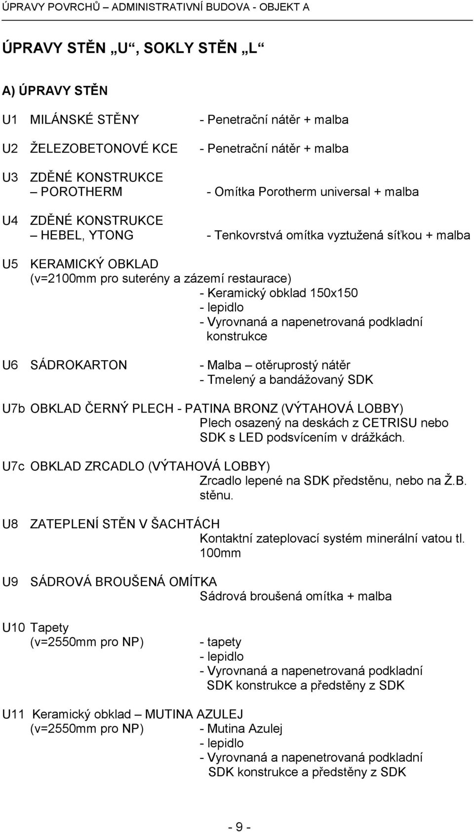 napenetrovaná podkladní konstrukce U6 SÁDROKARTON - Malba otěruprostý nátěr - Tmelený a bandážovaný SDK U7b OBKLAD ČERNÝ PLECH - PATINA BRONZ (VÝTAHOVÁ LOBBY) Plech osazený na deskách z CETRISU nebo