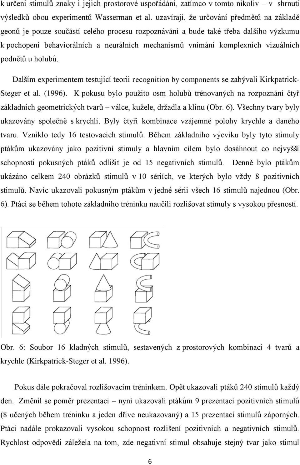vizuálních podnětů u holubů. Dalším experimentem testující teorii recognition by components se zabývali Kirkpatrick- Steger et al. (1996).