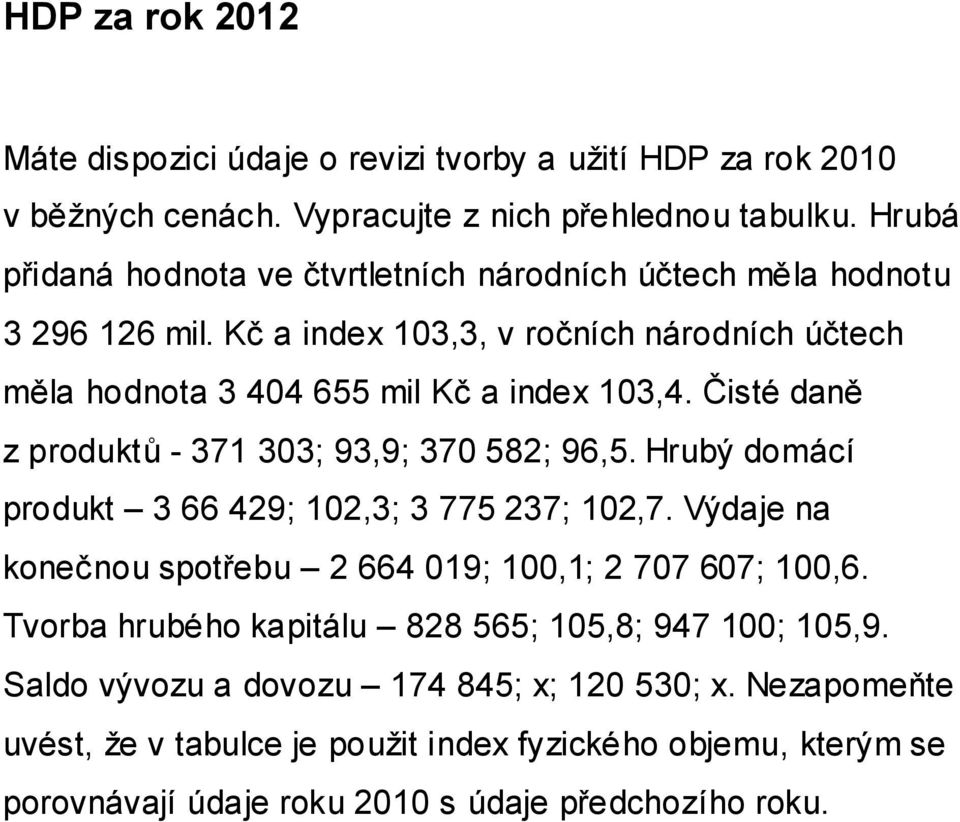 Čisté daně z produktů - 371 303; 93,9; 370 582; 96,5. Hrubý domácí produkt 3 66 429; 102,3; 3 775 237; 102,7. Výdaje na konečnou spotřebu 2 664 019; 100,1; 2 707 607; 100,6.