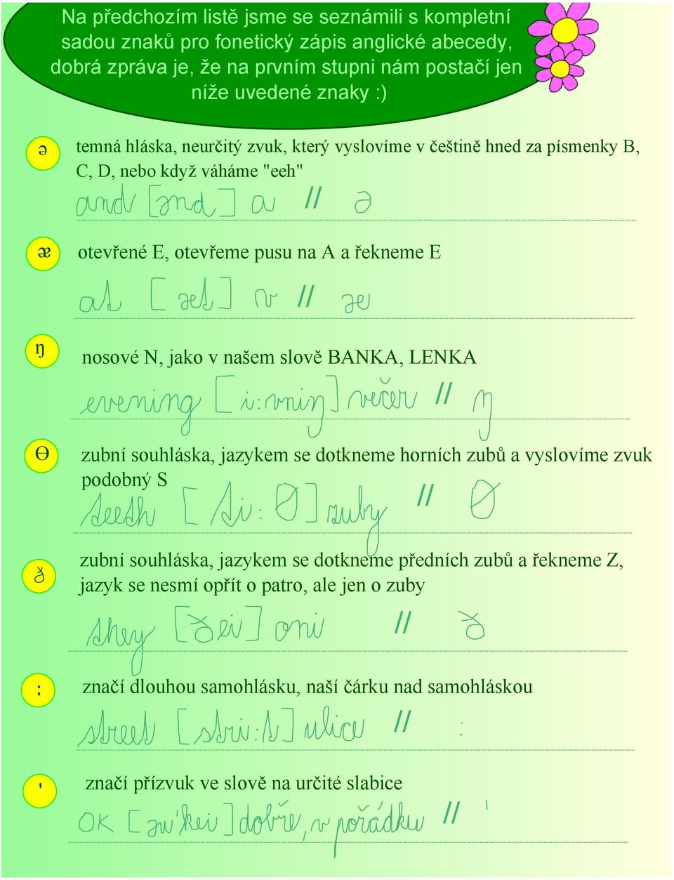 řekneme E nosové N, jako v našem slově BANKA, LENKA zubní souhláska, jazykem se dotkneme horních zubů a vyslovíme zvuk podobný S zubní souhláska, jazykem se