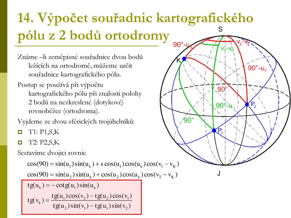Vyjdeme ze dvou sférických trojúhelníků: T: P,S,K T: P,S,K Sestavíme dvojici rovnic cos(90) sin( u cos(90) sin( u tg( u tg( v k k ) cotg( u ) )sin( u
