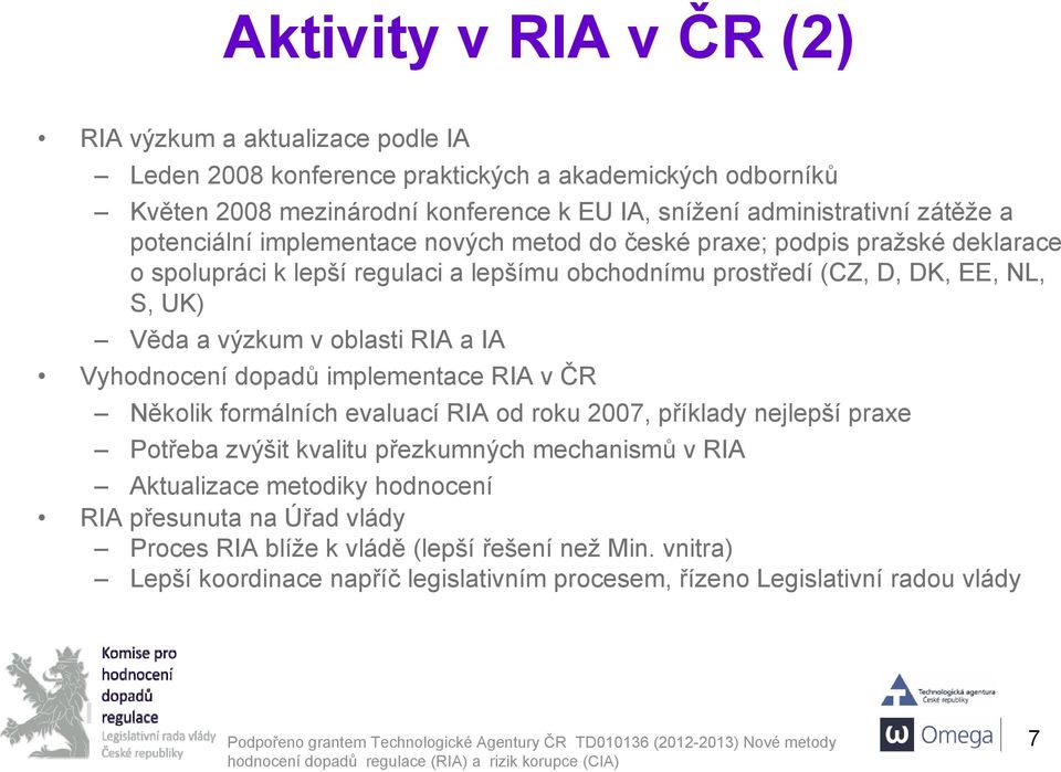 výzkum v oblasti RIA a IA Vyhodnocení dopadů implementace RIA v ČR Několik formálních evaluací RIA od roku 2007, příklady nejlepší praxe Potřeba zvýšit kvalitu přezkumných mechanismů v RIA